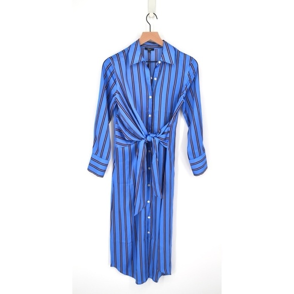 NEW Rails Lacey Button Down Wrap Dress Midi Long Sleeve Silky Stripe Blue XS - Picture 2 of 10